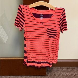 24/7 Maurices Red and Black Striped V-Neck Tee